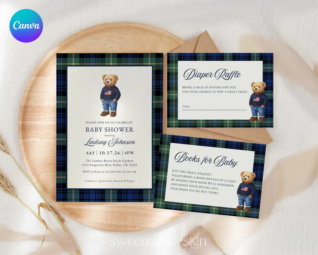 Luxury Teddy Bear Baby Shower Invitation Template, Canva Template, Classic Polo Baby Shower Set, ... | Etsy (US)