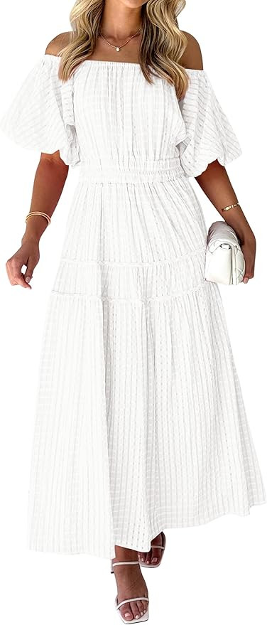 MASCOMODA Off The Shoulder Flowy Maxi Dress for Women 2024 Summer Casual Puff Short Sleeve Smocke... | Amazon (US)