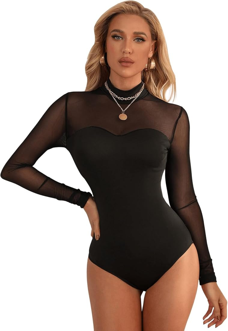 SweatyRocks Women's Mock Neck Leopard Long Sleeve Mesh Bodysuit Leotard | Amazon (US)