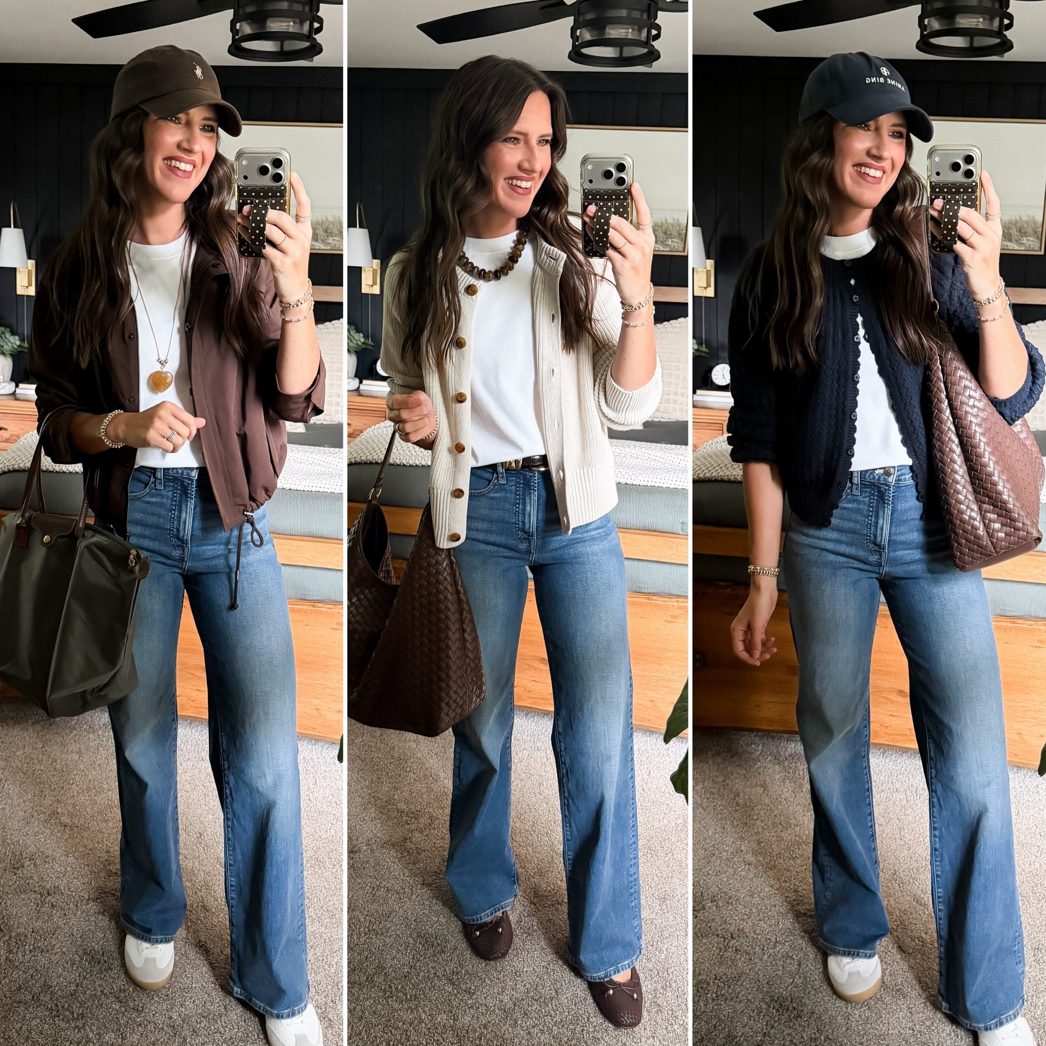 Fall Capsule Wardrobe - White Tee 

Tee (small) 
Jeans (27 long) 
Brown jacket (sized up to a large) 
Cream cardigan (sized up to a large) 
Brown cardigan (medium )