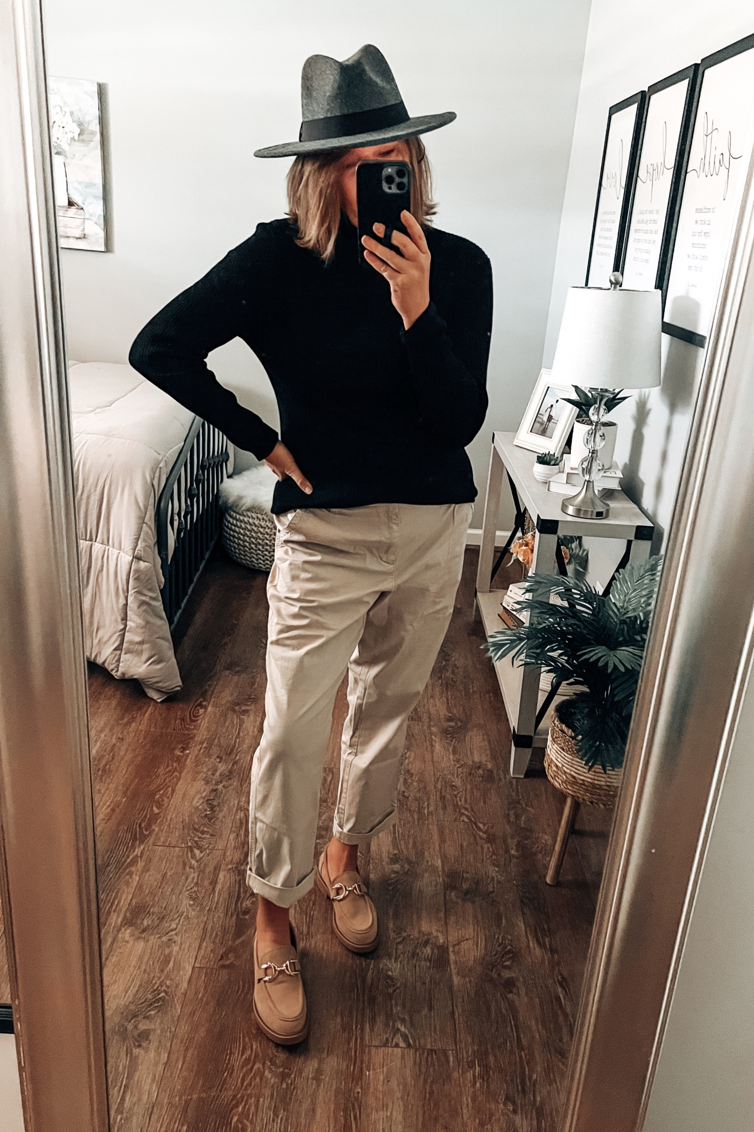 Time and Tru turtleneck fits tts, more colors, has stretch! Great for layering. Styled with Old Navy OG chinos, fits tts, more colors and 30% off! Steve Madden taupe loafers on sale at DSW. Fedora hat from Walmart 

Fall outfits, teacher outfit, twill pants, chinos, loafers, sale, Walmart outfit, old navy outfits, casual, business casual workwear, fashion over 40

#LTKfindsunder50 #LTKsalealert #LTKworkwear