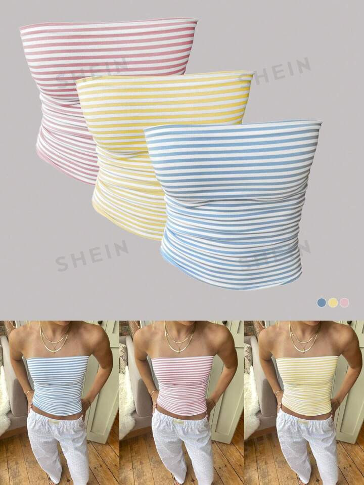 SHEIN EZwear 3pcs Women's Striped Strapless Tops, Ideal For Beach, Vacation, Summer | SHEIN