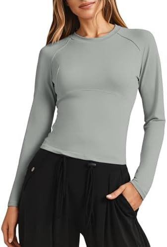 Fisoew Womens Long Sleeve Workout Tops Athletic Shirts Crew Neck Compression Yoga Active T Shirt | Amazon (US)