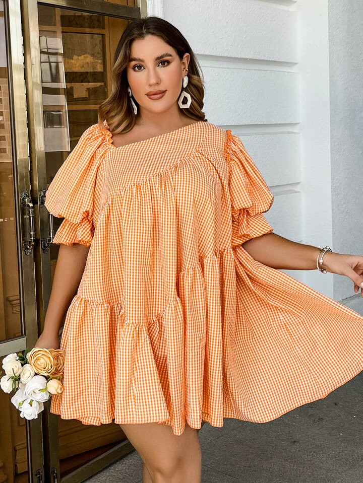 Simplee Plus Gingham Print Puff Sleeve Smock Dress | SHEIN