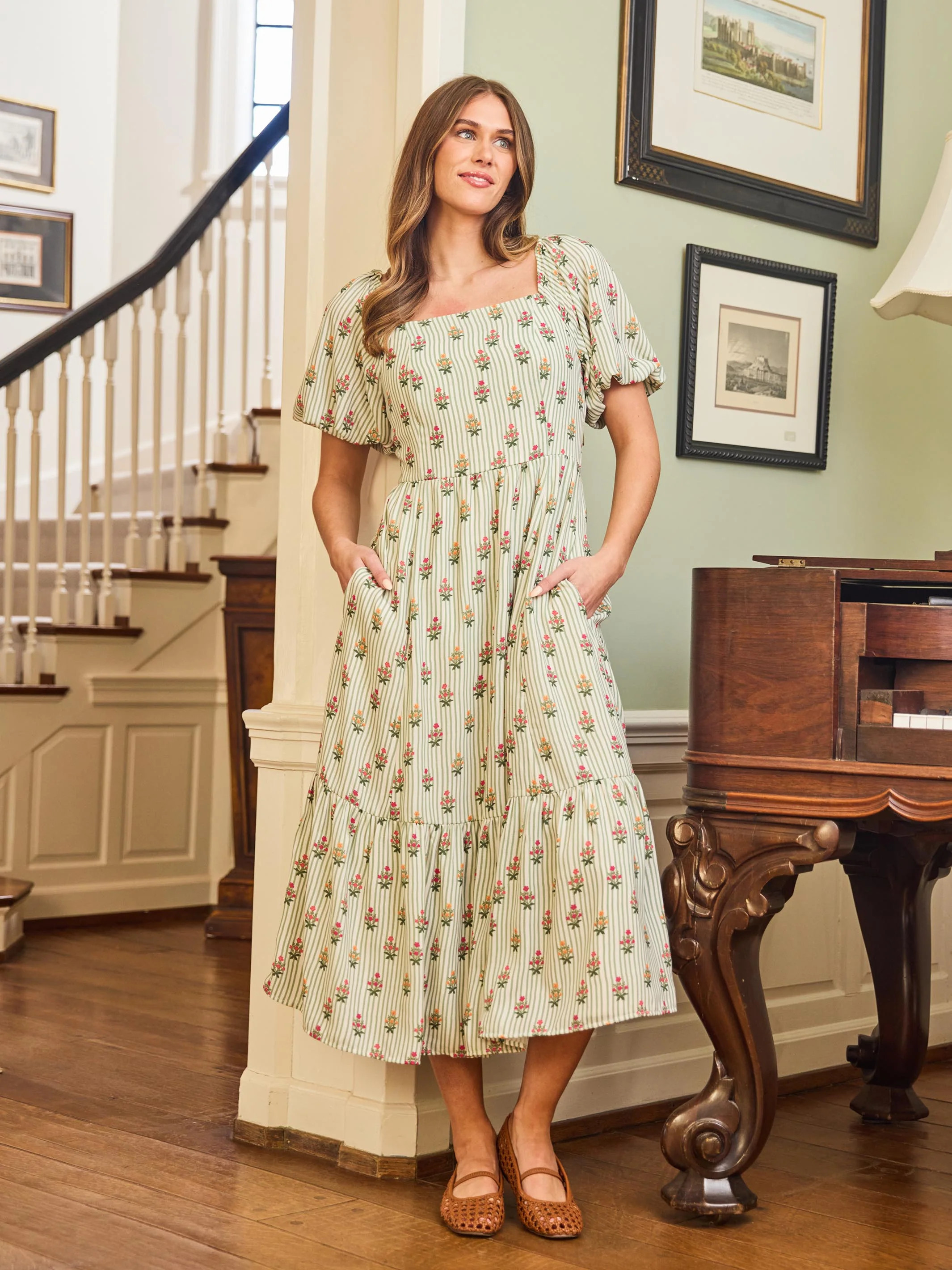 Alexi Dress | Cottage Stripes Green | Mary Square