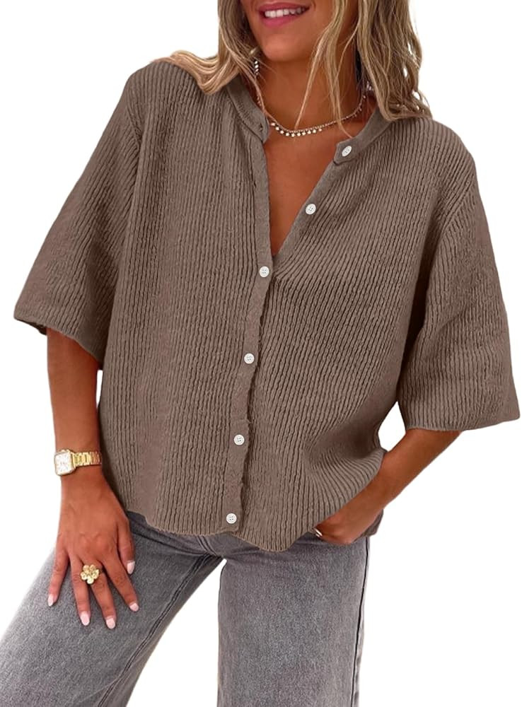 LILLUSORY Short Sleeve Cardigan Sweaters for Women 2025 Summer Cropped Button Up Sweater Tops Cas... | Amazon (US)