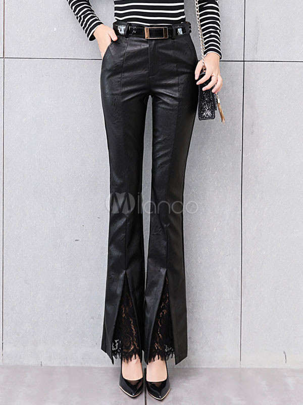 Black Leather Pants Lace Patch Long Flared Pants For Women | Milanoo