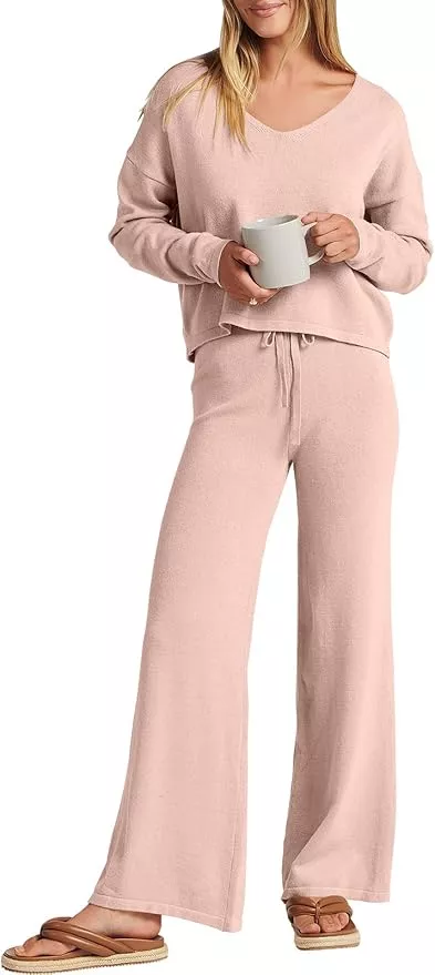 ANRABESS Women's Two Piece Outfits Long Sleeve Crop Top Wide Leg Pants Knit  Sweatsuit Loungewear Sweatsuit Set