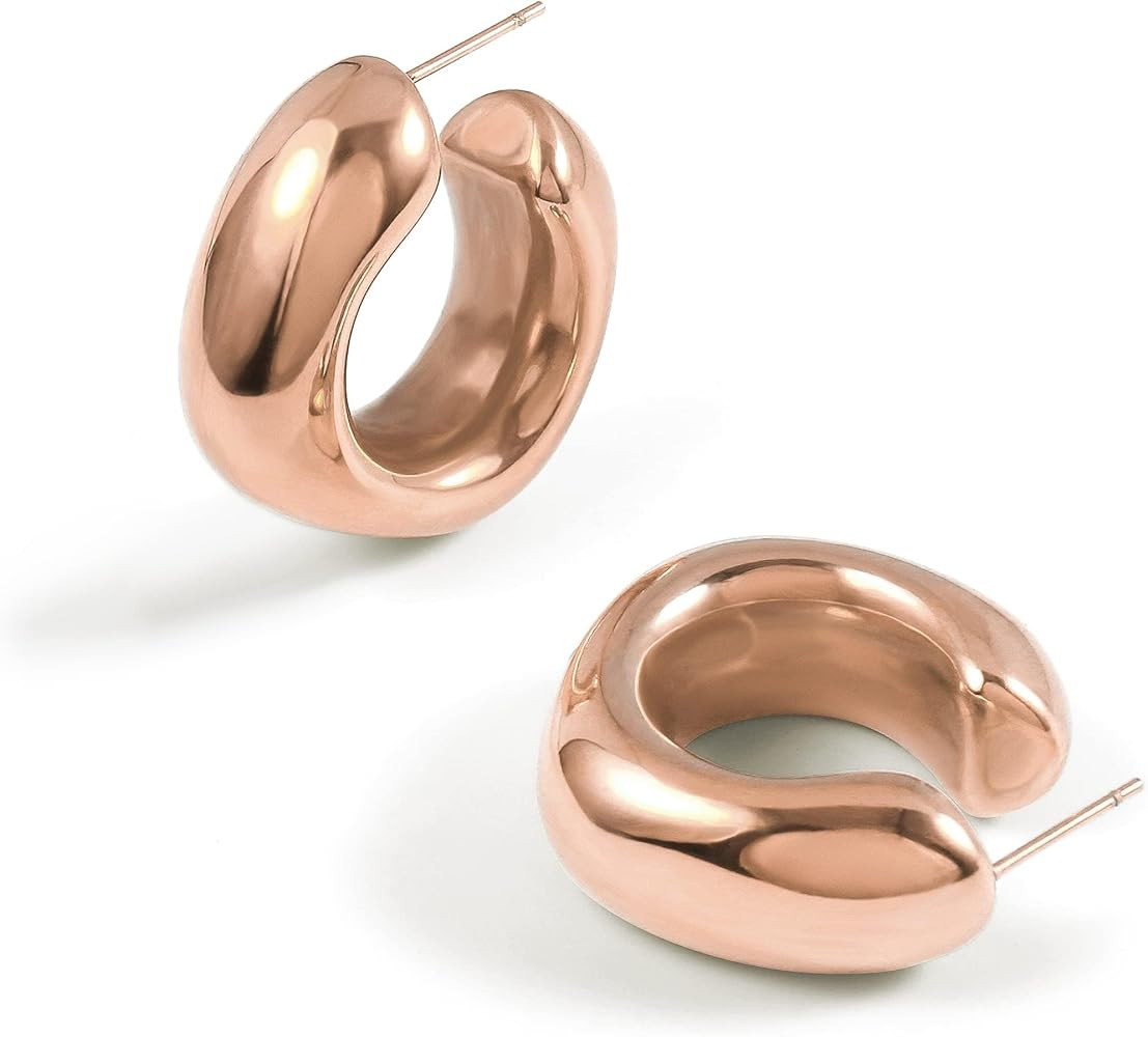 Chunky Gold Hoop Earrings for Women,Thick 18K Real Gold Open Hoops Lightweight Hollow Earring For... | Amazon (US)