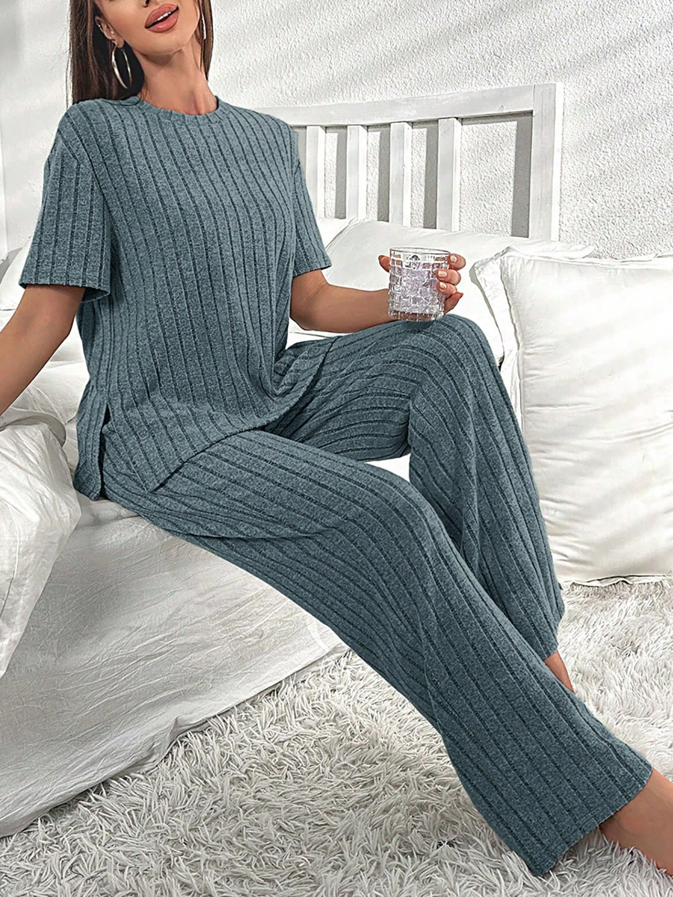 Split Hem Tee & Pants Lounge Set | SHEIN