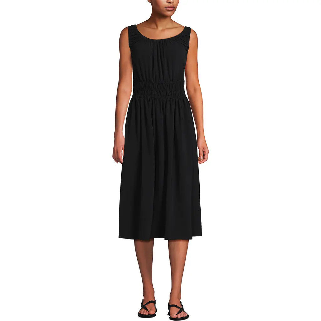 Lands' End Sleeveless Poplin Smocked Midi Dress in Black at Nordstrom, Size Large | Nordstrom