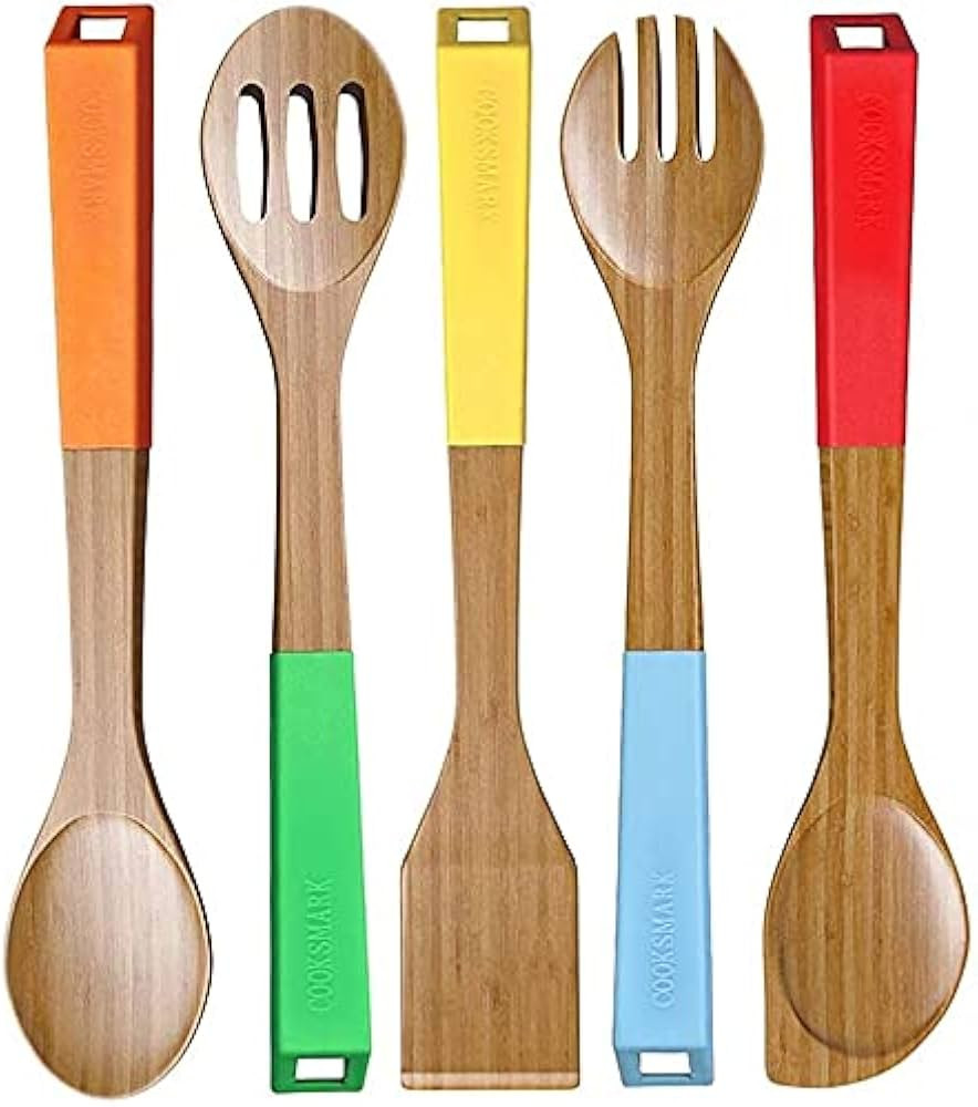 LOVE PAN 5 Piece Bamboo Cooking Utensils Wooden Spoons with Colored Handles | Amazon (US)