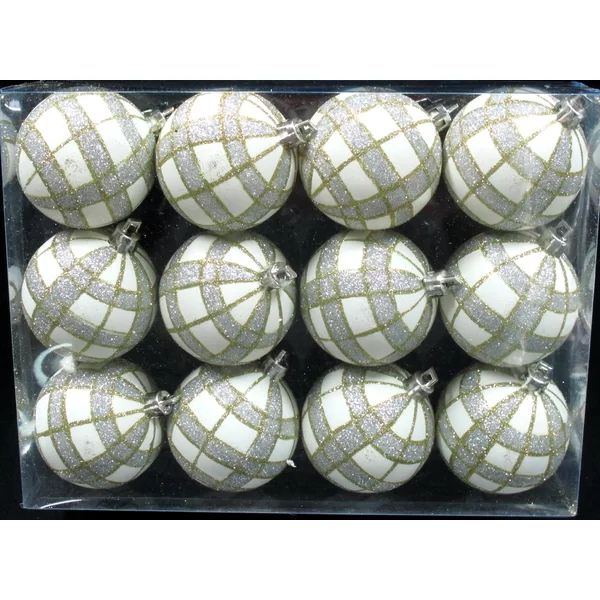 12 Piece White Ball Ornament with Gold and Silver Plaid Design Set | Wayfair North America