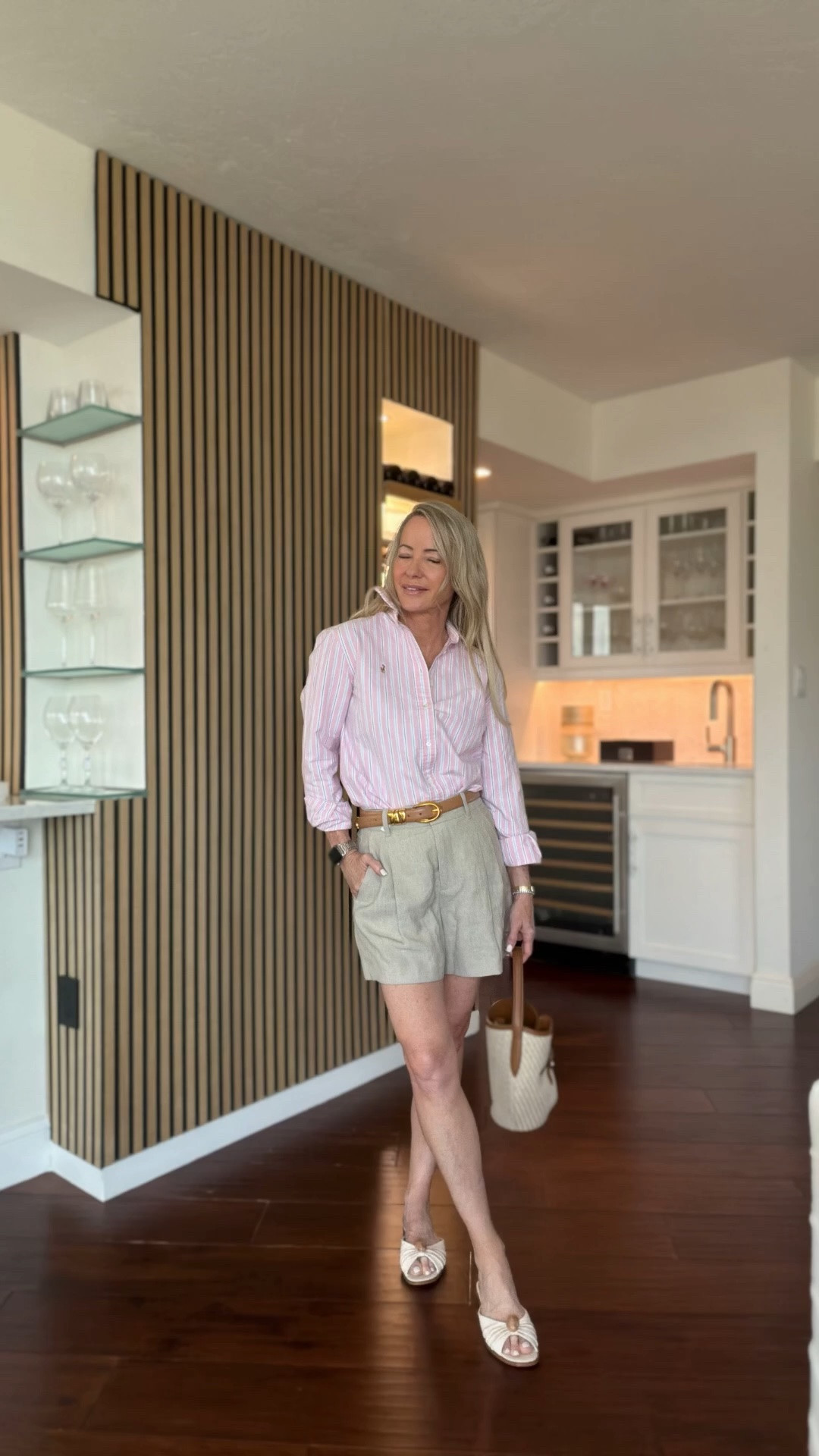 Classic summer pieces I’ll wear on repeat 🤍
Pink striped button-down, tailored linen shorts, neutral slides, and gold accents for an effortless polished look.

#LTKootd #LTKOver40 #LTKPetite