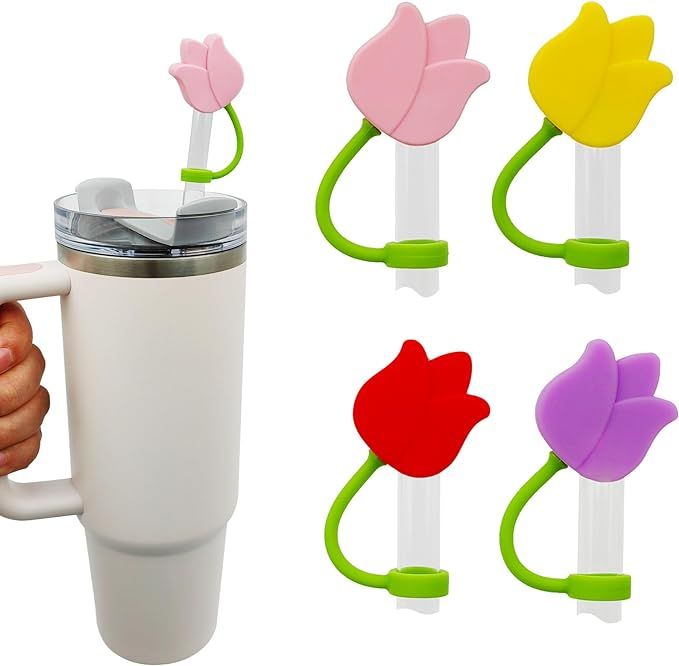 4 Pack Tulip Straw Covers Cap Compatible with Stanley Cup 40 30 oz, Cute Silicone Flowers Straw T... | Amazon (US)