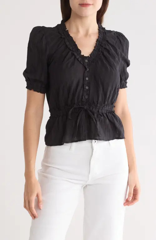 Steve Madden Shadow Stripe Ruffle Cotton Button Top in Black at Nordstrom, Size Medium | Nordstrom