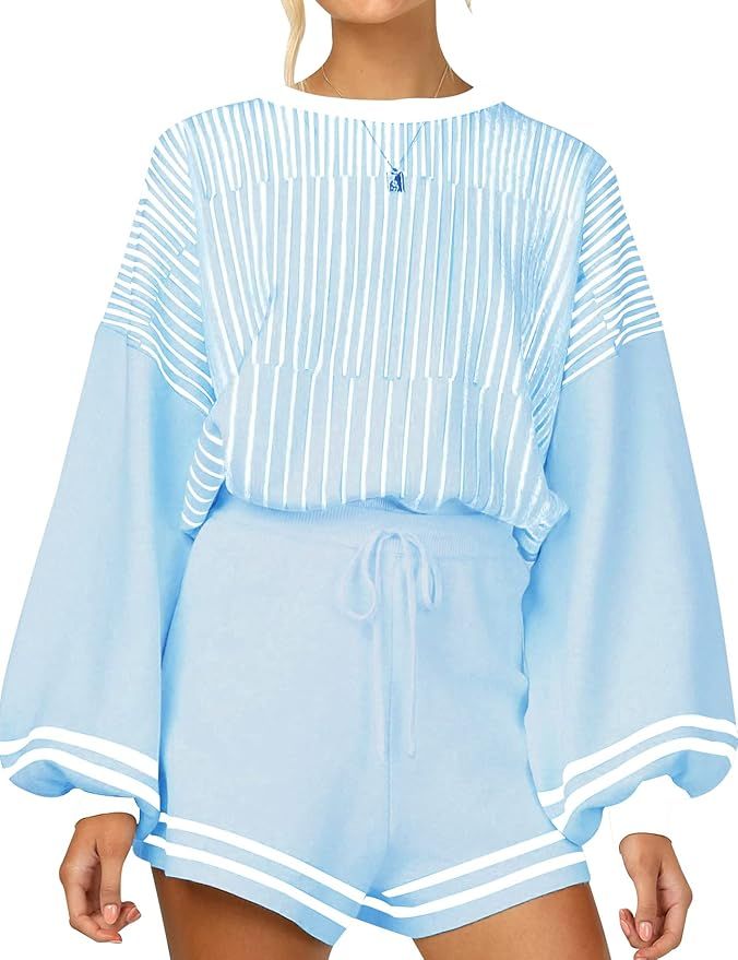 Gihuo Women' s Striped 2 Piece Outfits Crewneck Knit Pullover Sweater Shorts Set | Amazon (US)