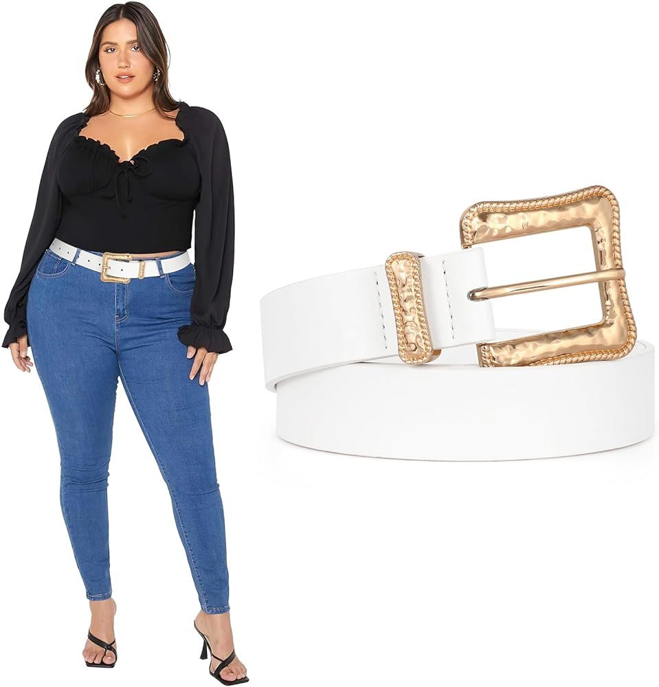 JASGOOD Plus Size Women's Leather Belt for Jeans Pants, Fashion Ladies Waist Belt with Gold Buckl... | Amazon (US)