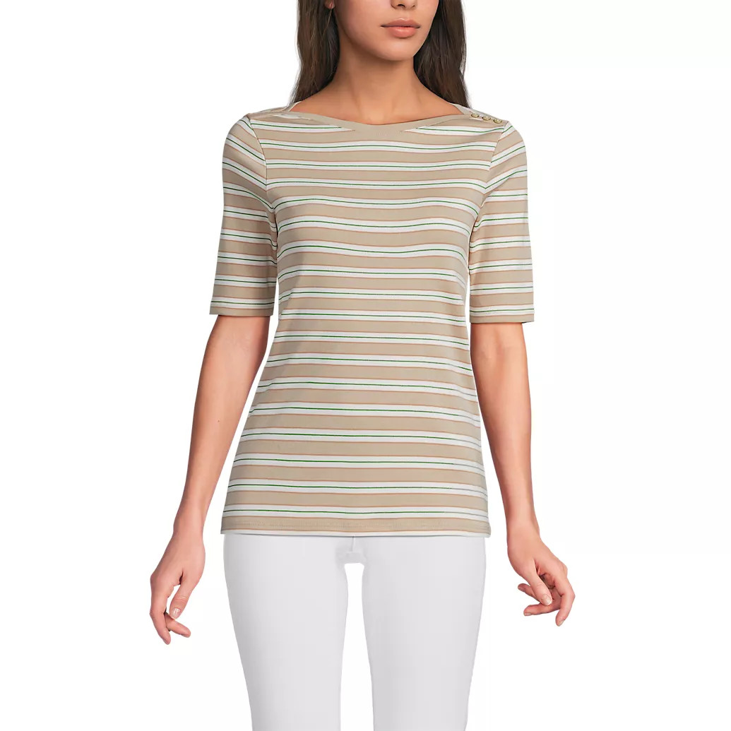 Women's Supima Cotton Elbow Sleeve Boatneck Button Shoulder Tee | Lands' End (US)