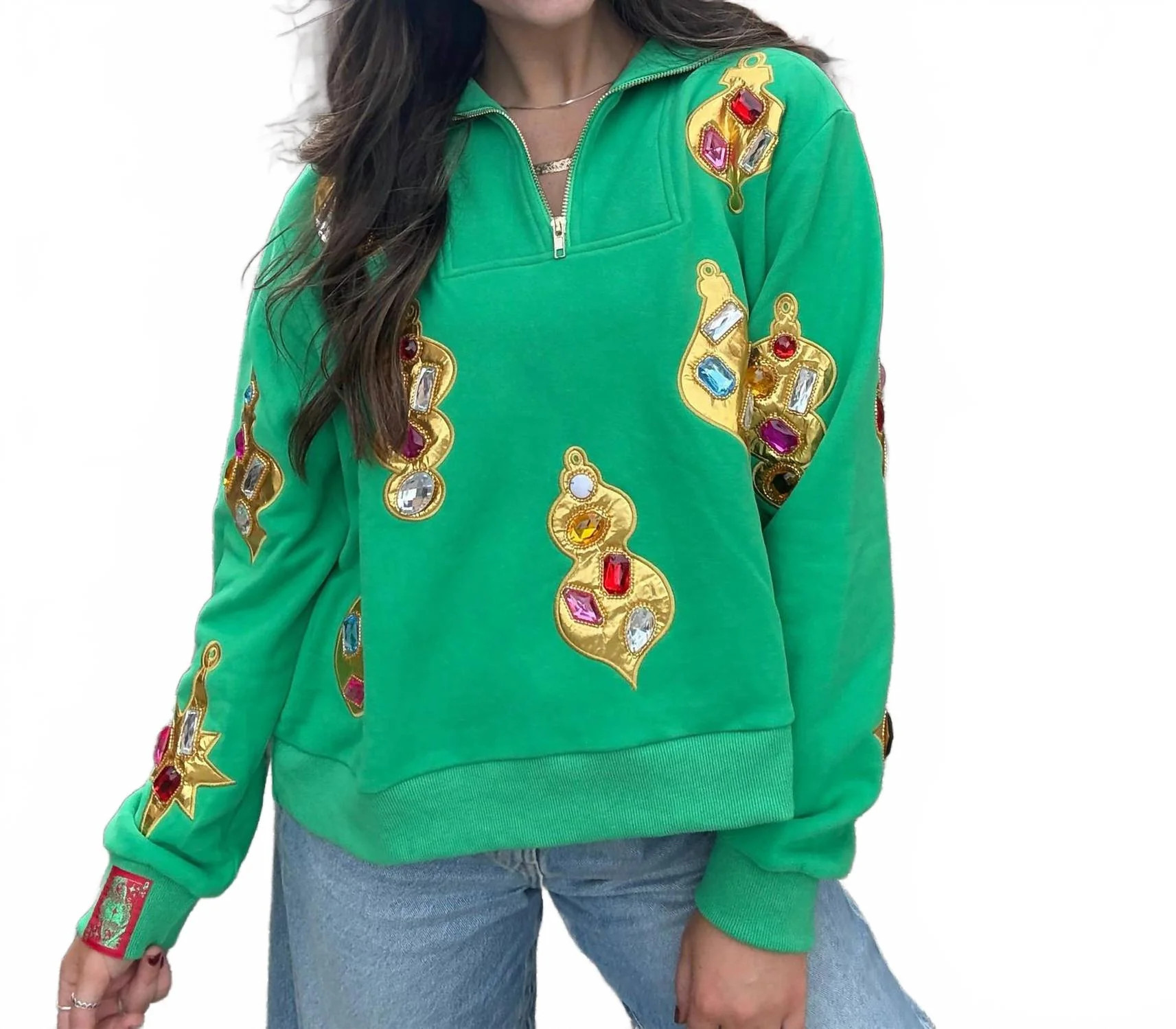 Women's Jeweled Ornament Collar Sweatshirt In Green & Gold | Shop Simon