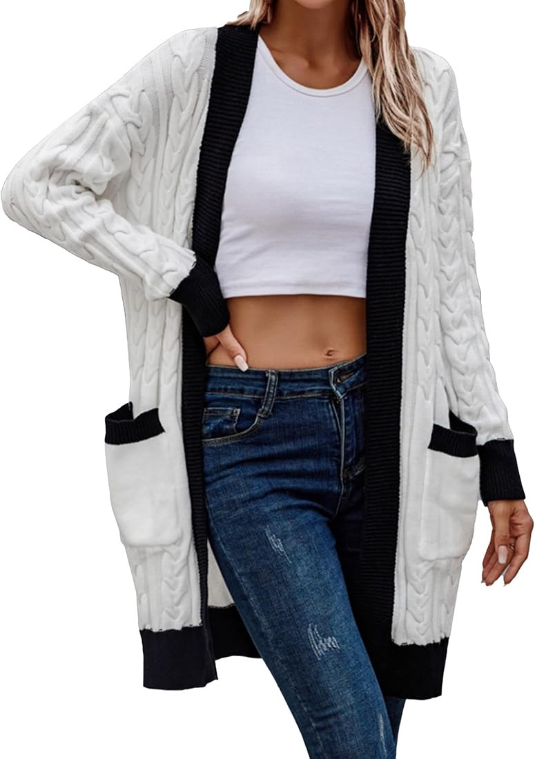 PRETTYGARDEN Women's 2023 Fall Cable Knit Cardigan Sweaters Casual Long Sleeve Open Front Loose Oute | Amazon (US)