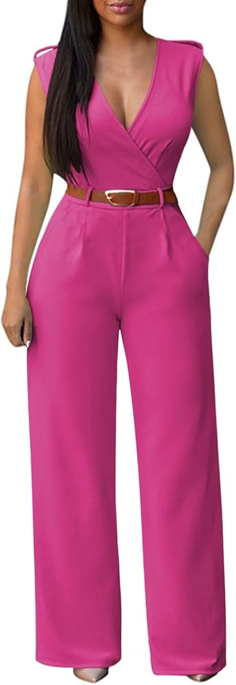 Pink Queen Jumpsuits for Women Dressy V Neck Sleeveless Wide Leg Long Pants Rompers | Amazon (US)