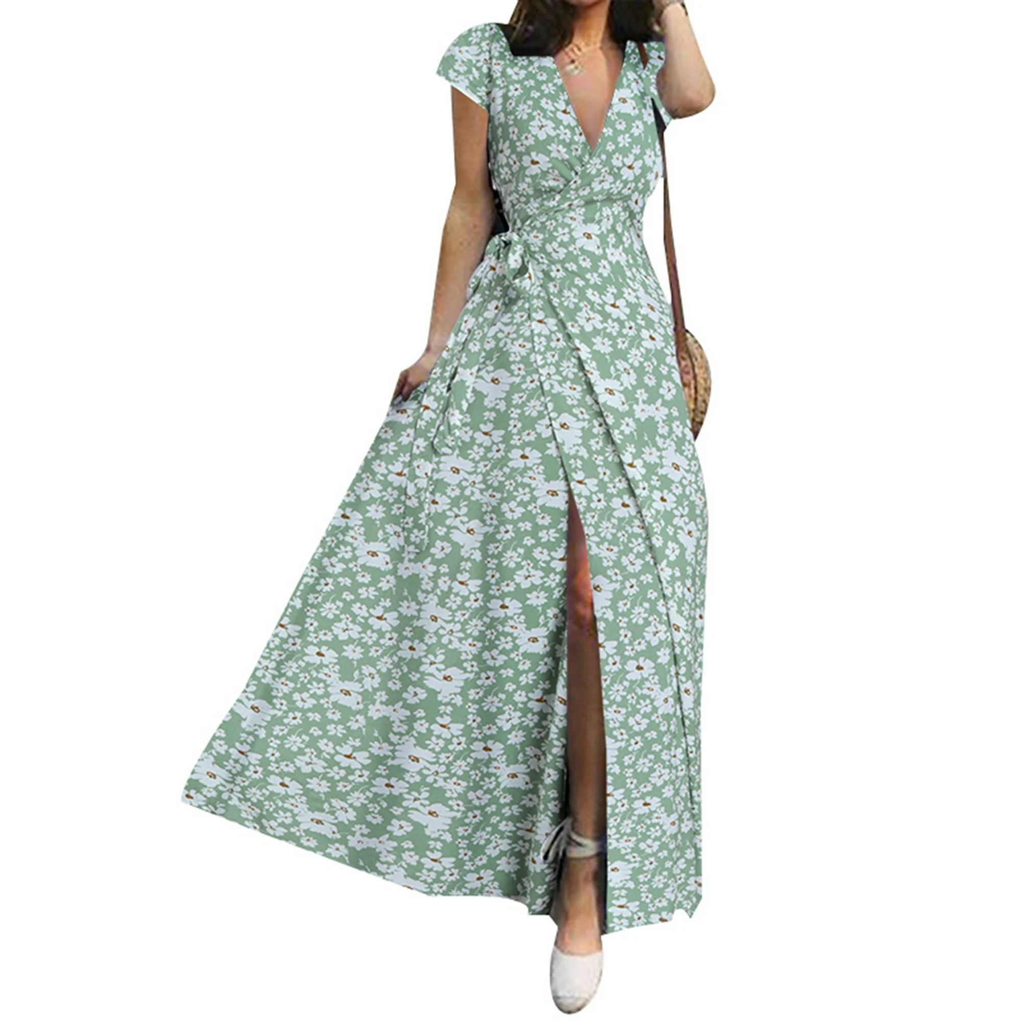 Celmia Women Summer Deep V Neck Floral Print Short Sleeve Maxi Party Dress | Walmart (US)