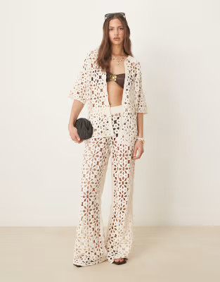 ASOS DESIGN knitted crochet shirt & wide leg trousers co-ord in cream | ASOS (Global)