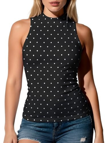 IVOVFANZY Womens Polka Dot Tank Top Mock Turtleneck Slim Fitted Sleeveless Tops(Black Polka Dots, L) | Amazon (US)