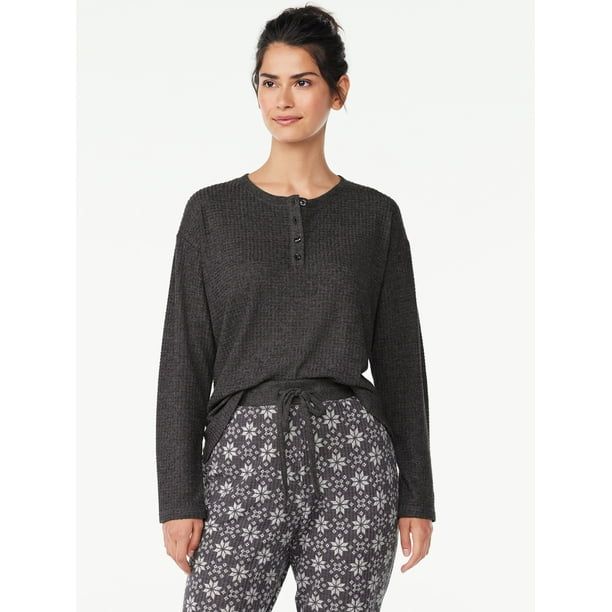 Joyspun Women's Hacci Long Sleeve Henley Sleep Top, Sizes S to 3X | Walmart (US)