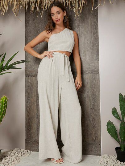 SHEIN One Shoulder Crop Top & Palazzo Belted Pants Set | SHEIN