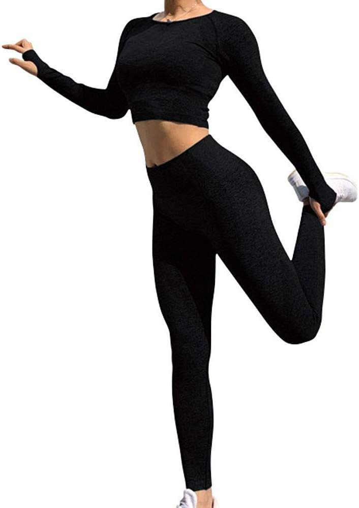 QCHENG Women's Workout Sets 2 Piece Seamless Leggings Crop Top Set Gym Clothes Yoga Outfits for Wome | Amazon (US)