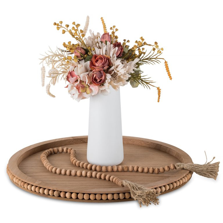 Hanobe Farmhouse Wood Tray Home Decor Coffee Table Tray with Bead Garland Round Brown, 17.7" - Wa... | Walmart (US)