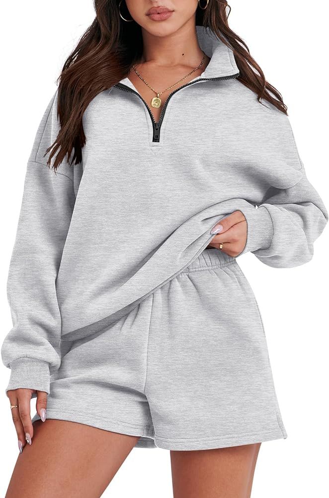 Prinbara Women 2 Piece Outfits Sweatsuit Oversized Half Zip Collared Sweatshirt Short Set Lounge ... | Amazon (US)