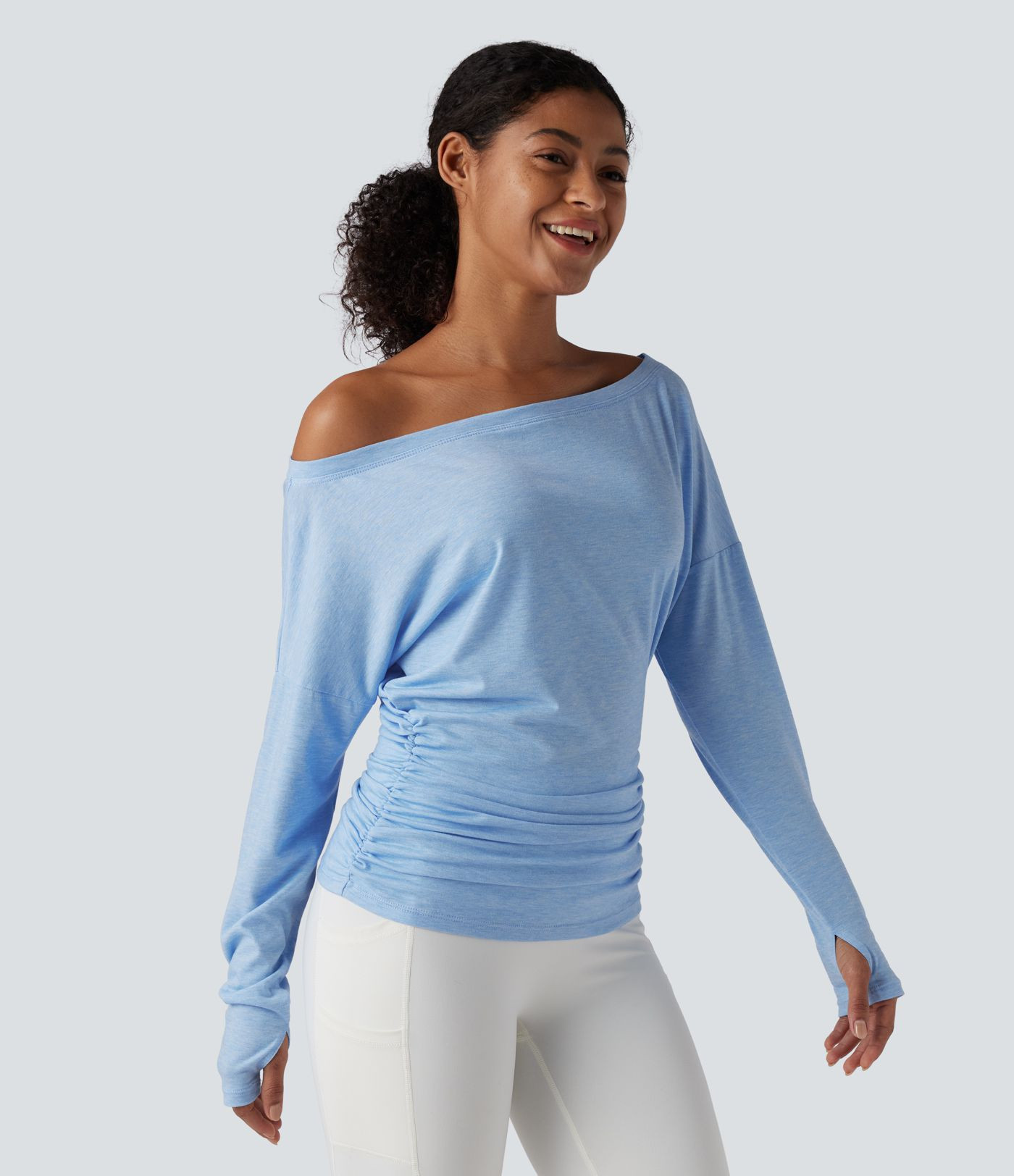 Women’s One Shoulder Long Sleeve Thumb Hole Ruched Yoga Sports Top - Halara | HALARA