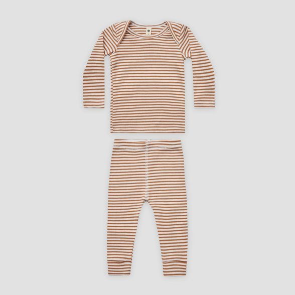 Q by Quincy Mae Baby 2pc Striped Rib Top & Bottom Set - Ivory/Clay Brown | Target
