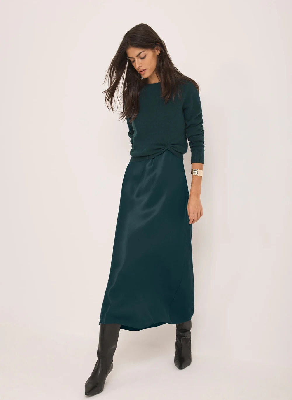 Teal Layered Satin Midi Dress | Mint Velvet