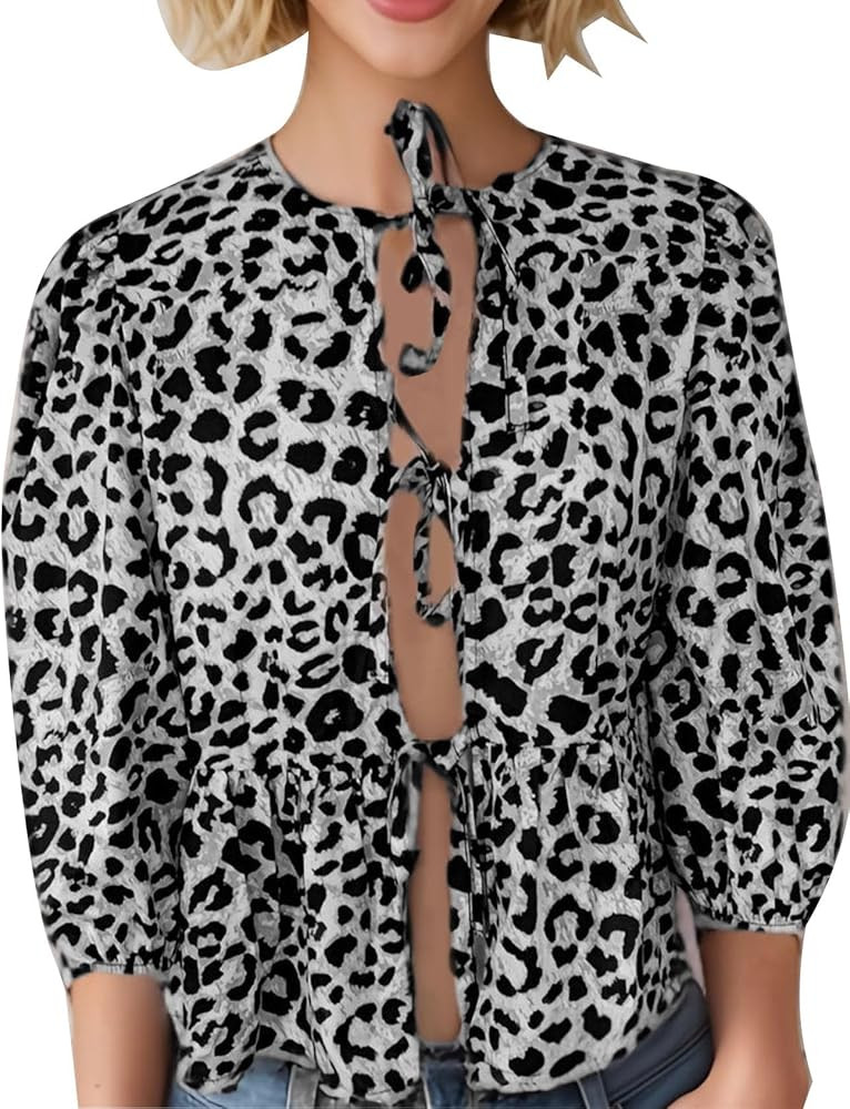 Flygo Tie Open Front Babydoll Tops for Women Cute 3/4 Puff Sleeve Leopard Ruffle Hem Peplum Blous... | Amazon (US)