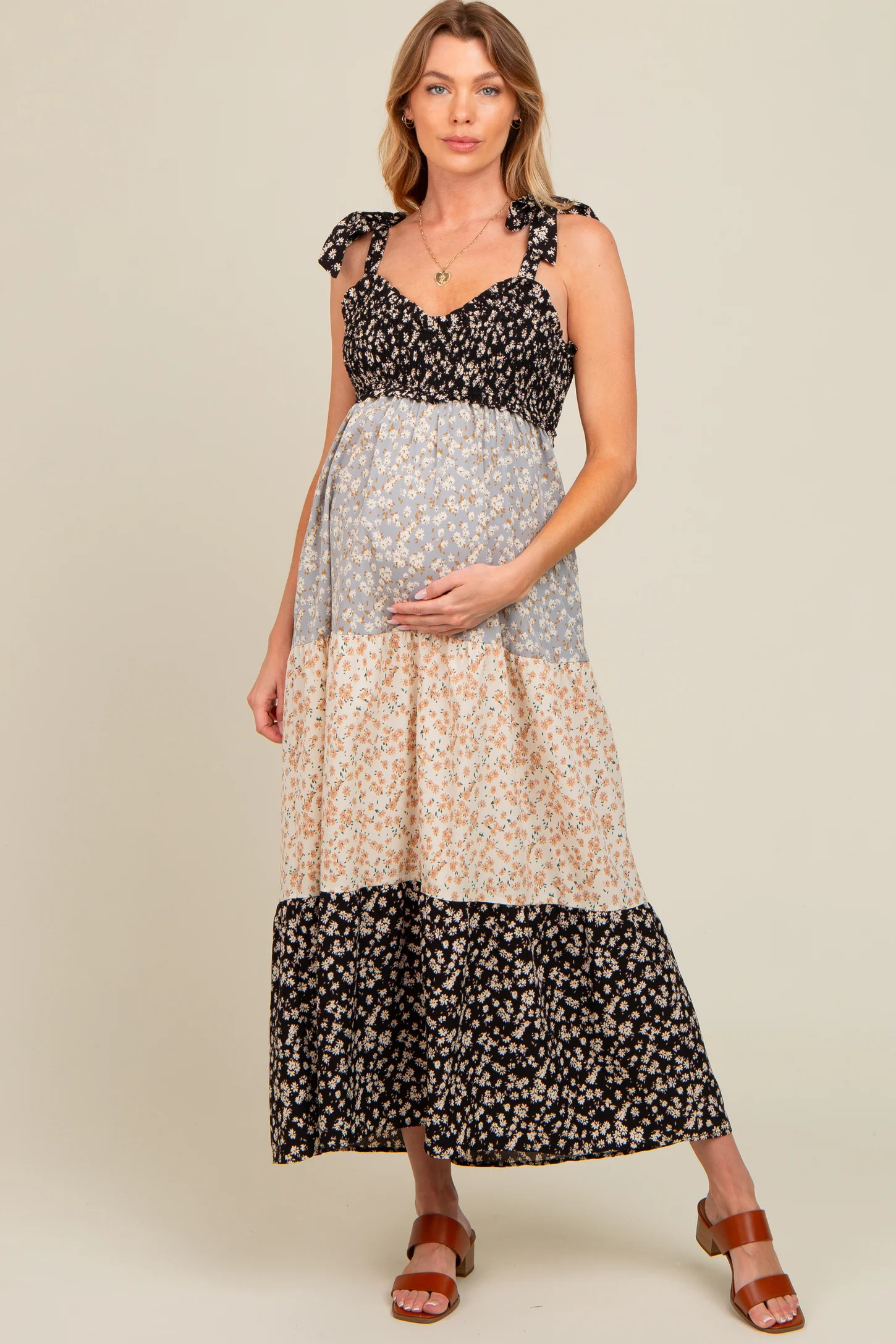 Multicolor Floral Colorblock Tier Shoulder Tie Maternity Maxi Dress | PinkBlush Maternity