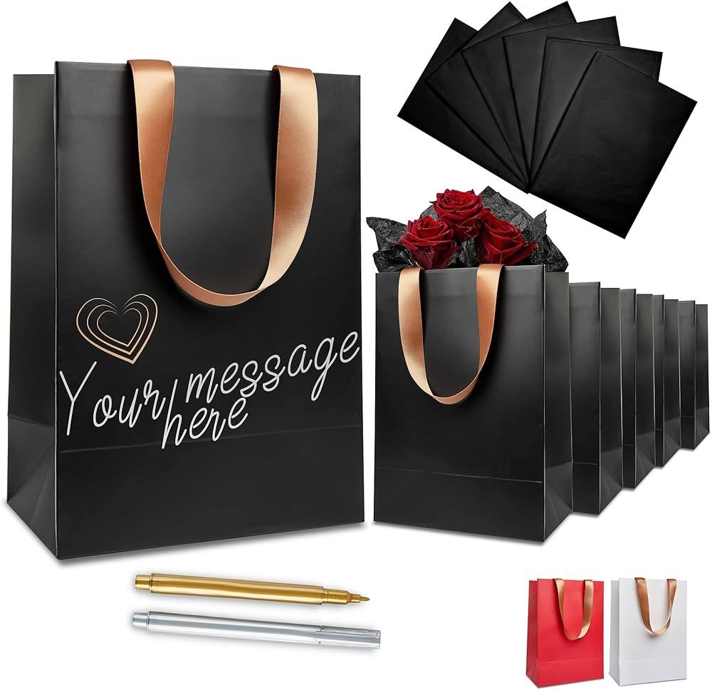 Anavego Set of 6 Personalizable Medium Size 8x10″ Matte Sturdy Black Gift Bags with Included Ma... | Amazon (US)