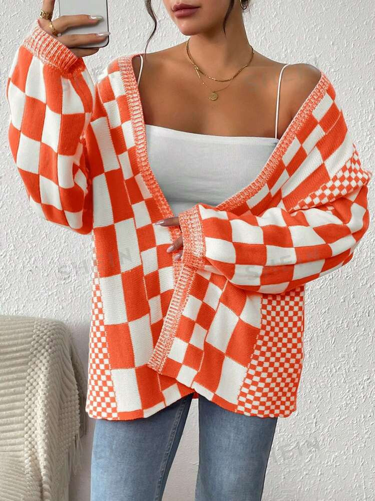SHEIN Relaxiva Women's Autumn/Winter Casual Loose Checkered Dropped Shoulder Long Sleeve Cardigan | SHEIN