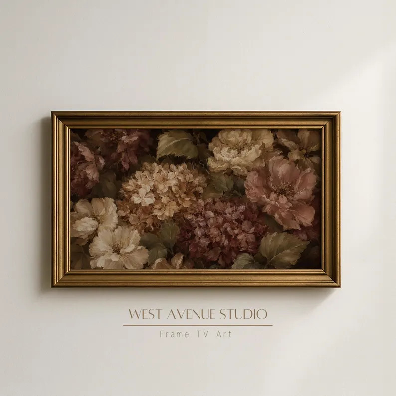 Moody Fall Floral Frame TV Art, Vintage Hydrangea and Peony Oil Painting | Etsy (Global)