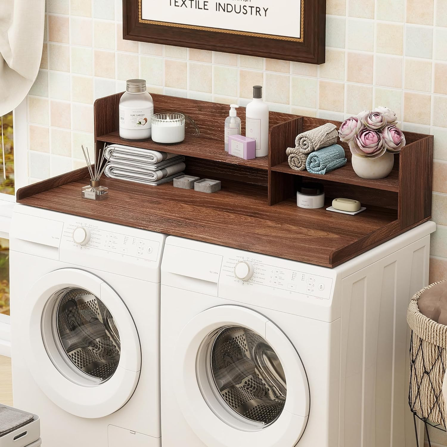 2 Tier Wooden Washer Dryer Topper, Large Laundry Countertop Cover, Walnut | Amazon (US)