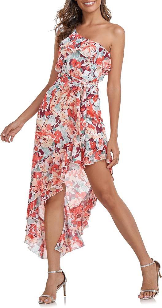 PrettyGuide Women's One Shoulder Maxi Summer Dress Belted Asymmetrical Ruffle Flowy Wedding Guest... | Amazon (US)