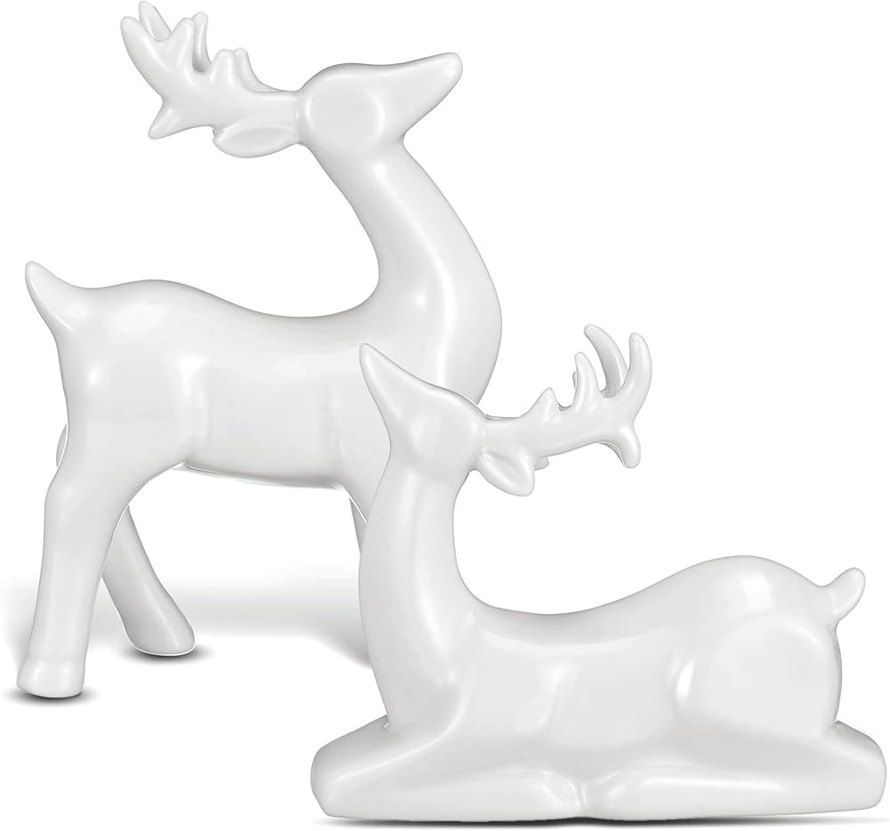 Wesiti 2 Pcs Porcelain Christmas Reindeer Figurines Decorations Ceramic Sitting Standing Deer Statues Mini Animal Reindeer Sculpture Tabletop Ornaments for Cabinet Fireplace Xmas Holiday Decor | Amazon (US)