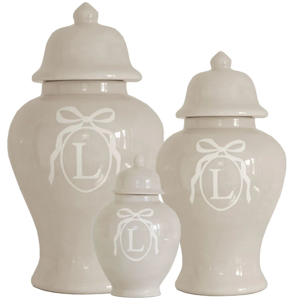 Monogrammed Bow Ginger Jars in Beige for Lo Home x Veronika's Blushing | Lo Home by Lauren Haskell Designs