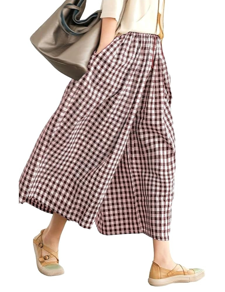LOMON Womens Wide Leg Capri Pants Cotton Gingham Plaid Culottes Summer Elastic Waist Palazzo Trou... | Amazon (US)