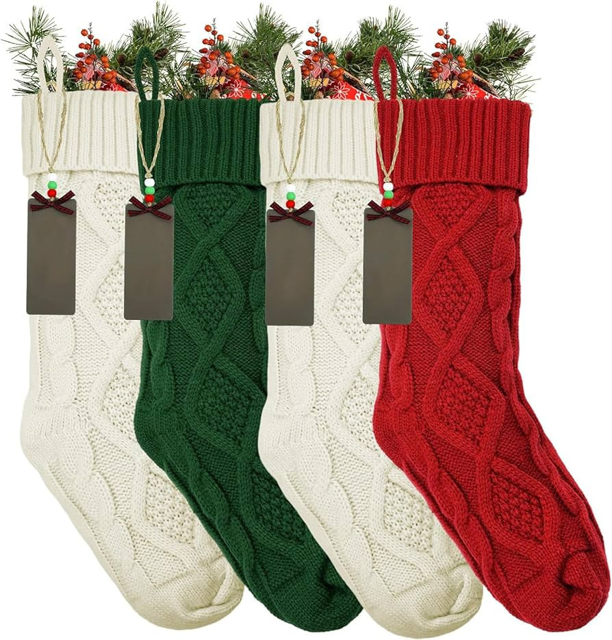 4PCS Knit Christmas Stocking 18inch Large Personalized Cable Knitted Stocking Gifts Classic Xmas ... | Amazon (US)
