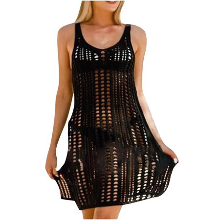 muxika Women s Swimsuits Cover-Ups Fishnet Cover Up Hollow-Out Mesh Boho Round Neck Short Sleeve Pul | Walmart (US)