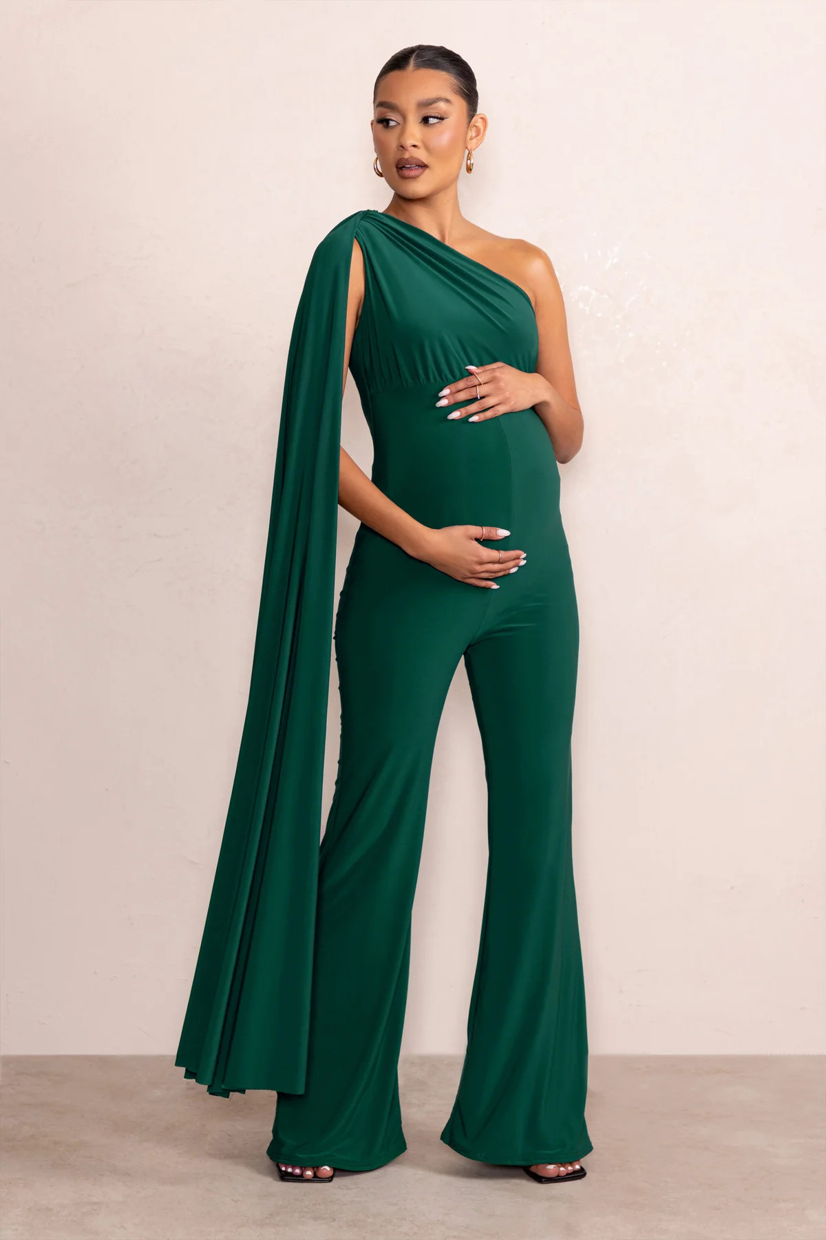 Sing To Sleep | Bottle Green Maternity One Shoulder Cape Jumpsuit | Club L London